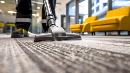 Professional office cleaning service in action. Close-up of vacuum cleaner on carpet. Clean office environment. Maintenance job. AI