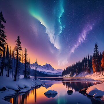 Para un fondo de pantalla inspirado en una aurora boreal, visualiza un cielo nocturno lleno de magia y misterio. En el horizonte, brillantes cortinas de colores bailan en el firmamento, pintando el ci