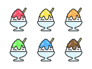 色んな味の、かき氷のアイコン（線画カラー）のイラスト