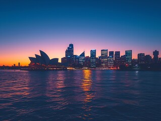 A city skyline with the Sydney Opera House in the background. The sky is a beautiful orange color
