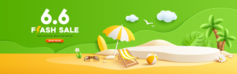 Summer flash sale, podium display, pile of sand, coconut tree, beach umbrella, beach chair, beach ball, sunglasses, banner design, on yellow and green background, EPS 10 vector illustration
