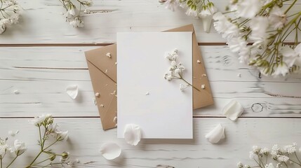 elegant wedding invitation mockup with blank card envelope and floral decorations on white wooden table