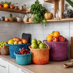 wicker basket fruits in the kitchen, colorful rattan baskets