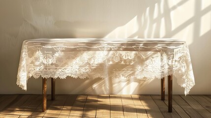 elegant white lace tablecloth gracefully draped over wooden table creating a delicate and refined dining setting digital illustration