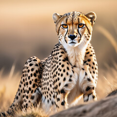 Cheetah behind a rock in a forest field