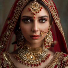Create an image of an Indian bride on her wedding day, adorned in traditional attire. She is wearing a rich red lehenga with intricate gold embroidery. Her jewelry includes a gold nose ring, a maang t