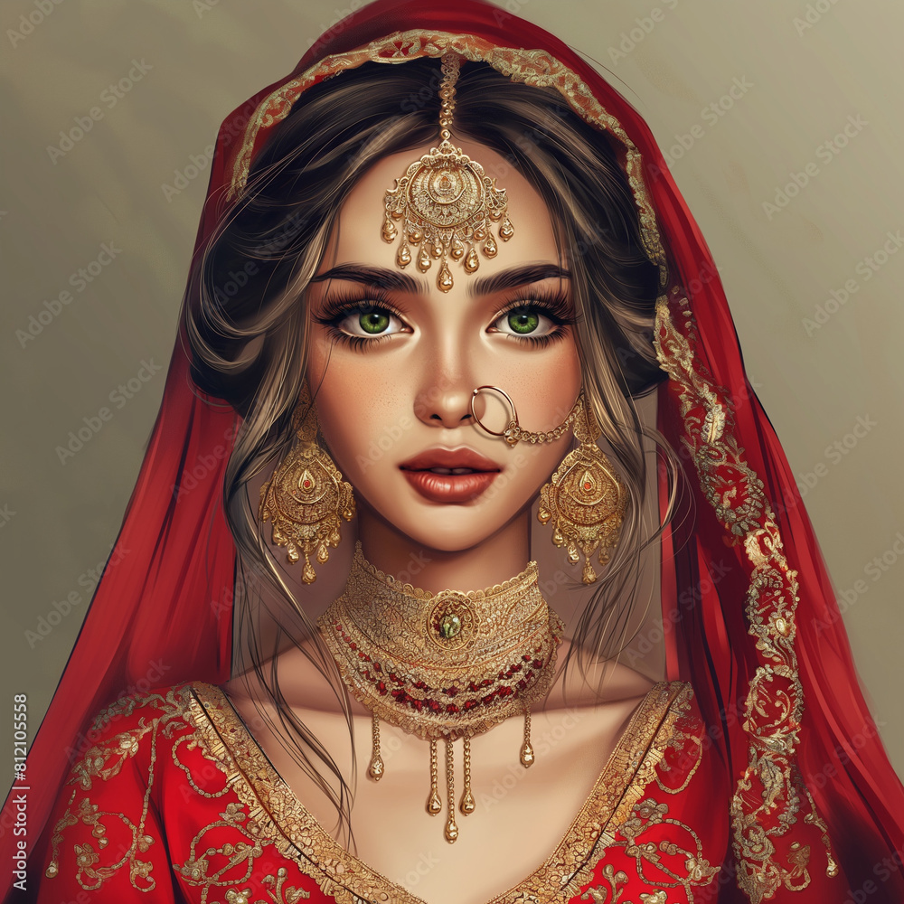 Wall mural Create an image of an Indian bride on her wedding day, adorned in traditional attire. She is wearing a rich red lehenga with intricate gold embroidery. Her jewelry includes a gold nose ring, a maang t - Wall murals