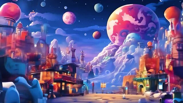  A colorful, futuristic city is filled with  colorful planets  and  a giant octopus .