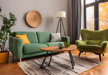 Stylish composition of living room interior with corner grey sofa, green velvet armchair, coffee table, wooden floor, design furniture and personal accessories. Modern home decor. Template. 
