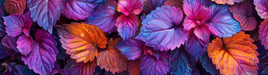 Amidst the watercolor landscape, coleus blooms flourish with vibrant foliage in lush shades of green, pink, purple, and red. 