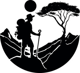 A man is hiking on a mountain silhouette vector style and white background.