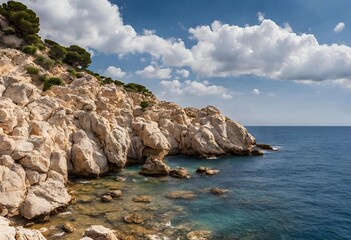 rocky coast of the sea, blue sky with couds