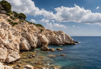 Fototapeta na wymiar rocky coast of the sea, blue sky with couds