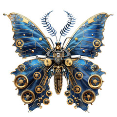 Blue and golden robotic steampunk butterfly as mec on white background,png