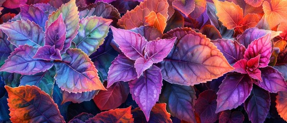 Amidst the watercolor landscape, coleus blooms flourish with vibrant foliage in lush shades of green, pink, purple, and red. 