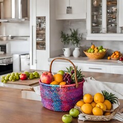 wicker basket fruits in the kitchen, colorful rattan baskets