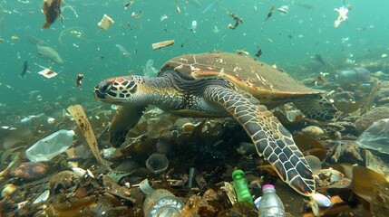 Obraz premium Entangled in Plastic: Sea Turtle Struggles Amidst Ocean Debris (Marine Pollution Threat)