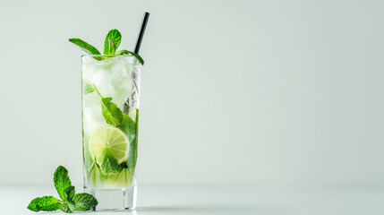 refreshing mojito cocktail with lime and mint in tall glass