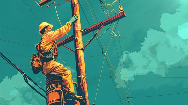 brave lineman working diligently on electrical pole in professional uniform ensuring reliable power supply and maintaining critical infrastructure digital illustration