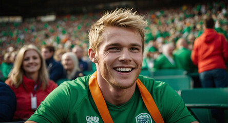 Fototapeta premium Portrait of sports fan supporting Ireland national football team. Sports fans celebrating championship victory in a sports stadium 