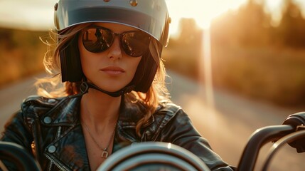 A woman wearing a helmet and sunglasses is riding a motorcycle