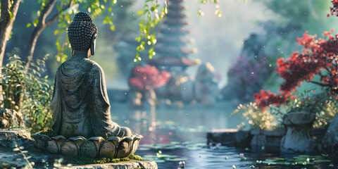 A painting of a man meditating in a lotus pond