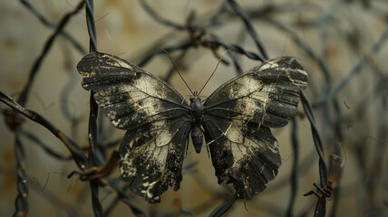 A butterfly on barbed wire