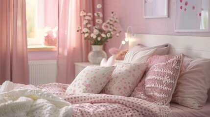 charming and cozy interior detail of beautiful teenage girls bedroom with stylish decor and personal touch