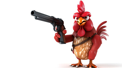 3d cartoon chicken bring gun on white background