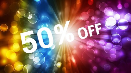 Fifty percent off on colorful abstract background.