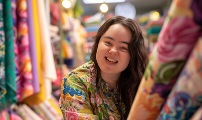 Obraz premium A young woman with Down syndrome works in a fabric store, full of joy and smiles. Her eyes shine with rays of enthusiasm as she serves customers with undisguised kindness.