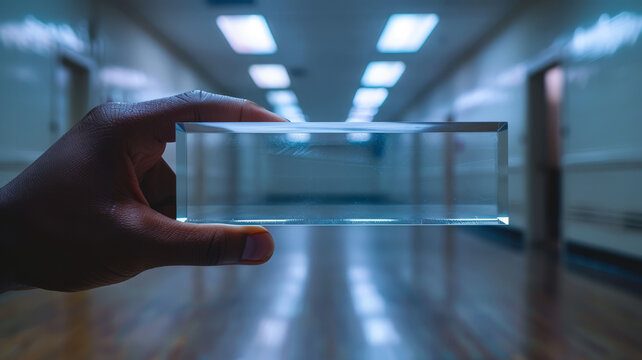 Hand holding a transparent glass parallelepiped