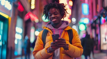 confident young black man using smartphone in vibrant city 5g technology banner