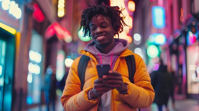 confident young black man using smartphone in vibrant city 5g technology banner