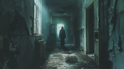 creepy ghost figure caught on camera in dark haunted house scary paranormal photo