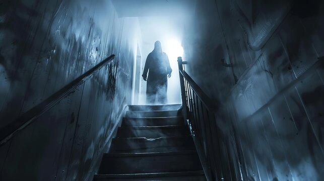 creepy ghost figure caught on camera in dark haunted house scary paranormal photo