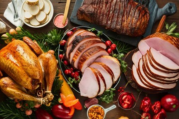 Holiday meats shot from above with roasted turkey, sliced ham and brisket