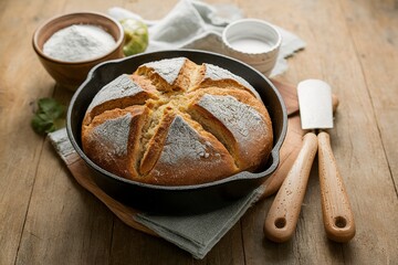 Irish soda bread in cast iron pan, traditional Irish recipe