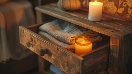 Wooden drawer with candles and textiles.