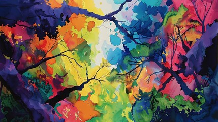 Capture the majestic dance of colors in an abstract interpretation of a flourishing rainforest