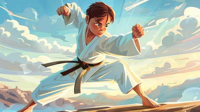 determined young martial artist in fighting stance karate championships banner cartoon style digital illustration