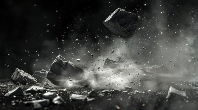 dramatic abstract composition of shattered rock boulder exploding into white dust and debris against black background dynamic 3d illustration
