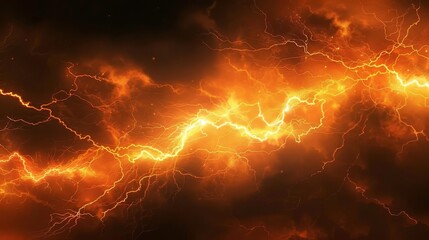 dramatic orange lightning bolt strikes across dark sky abstract photo