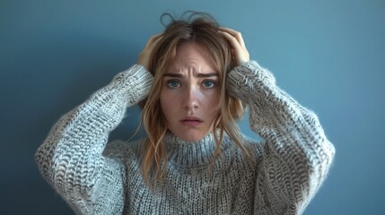 A Caucasian women gripping her head in frustration, against a solid blue background. Her expression portrays intense anger or distress