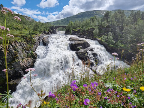 Waterfall in the mountains v&oslash;ringsfossen