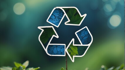 Vibrant Blue Recycle Symbol on Lush Green Grass - Eco-Friendly Close-Up
