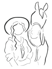 Hand drawn line art vector of Cowgirls with cowboy hats. American rodeo and wild west culture. Brave independent women as cowgirls concept.