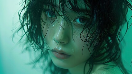Naklejka premium A Japanese girl's gaze is focused yet distant, her mind wandering into the unknown as she daydreams