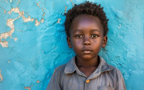 A young boy with dark hair and a grey shirt stands in front of a blue wall. He looks sad and is staring at the camera