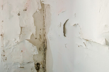 Corner of a room with peeling wall coverings and traces of mold.